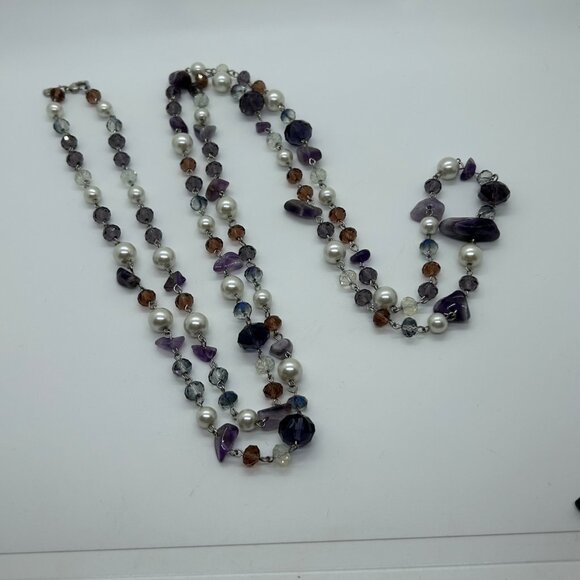 Estate Jewelry - Amethyst Faux Pearl Necklace Crystal Beads Silver-tone 56 inches long